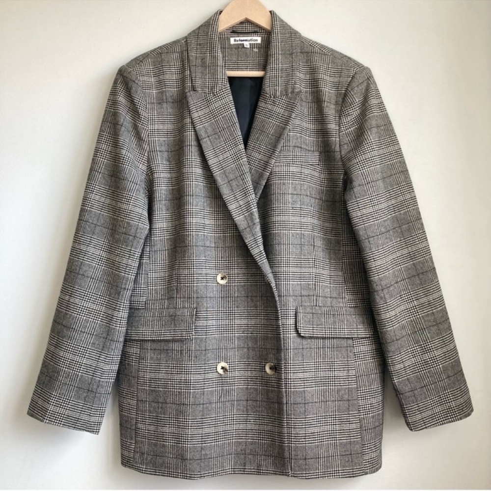 Reformation Gray Plaid Double-Breasted Blazer